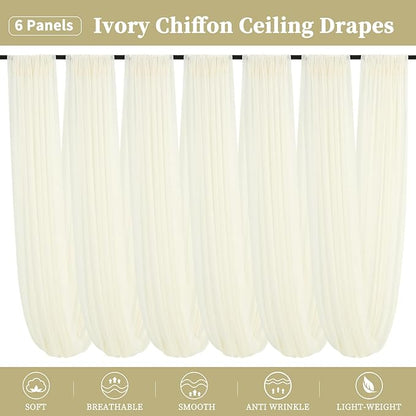 6 Panels Ivory Ceiling Drapes for Wedding 5ftx10ft Chiffon Fabric Arch Draping Curtains Sheer Drapery for Party Ceremony Birthday Baby Shower Reception Stage Swag Ceiling Decorations
