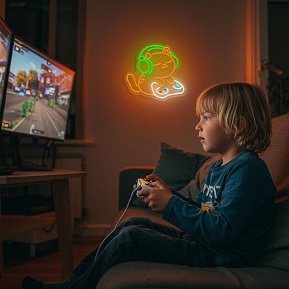 Cat Gamer Neon Sign,Cat with Headphones Led Sign,Neon Signs for Wall Decor,LED Gaming Neon Light for Boys Room,Game Room,Bedroom Decor,Anime Neon Wall Light for Mancave