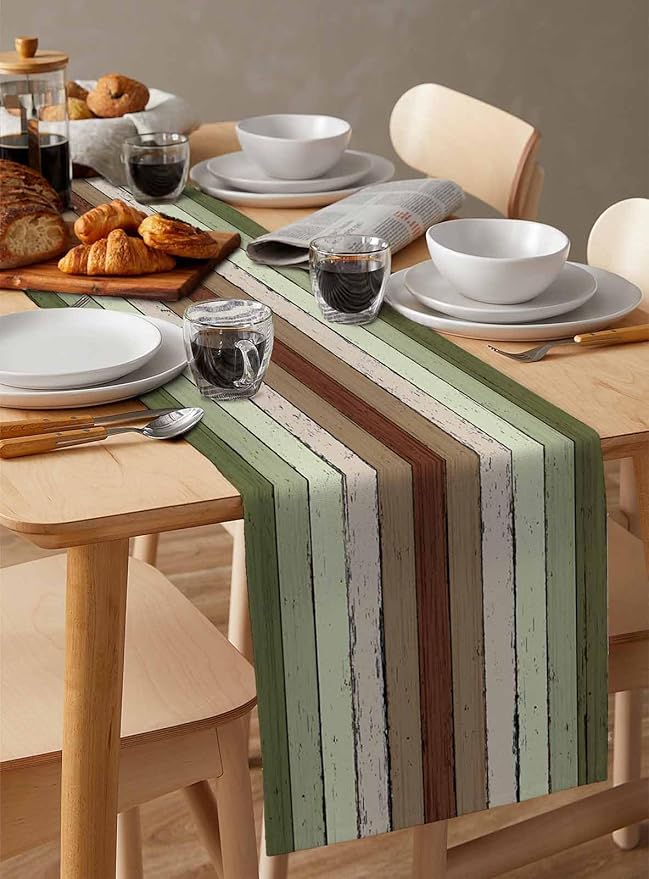 Sage Green Wooden Cotton Linen Table Runner for Dining Kitchen, Wedding Outdoor Party Tablerunners Decoration, Vintage Country Retro Distressed Grain Dresser Scarf Coffee Tablecloth Runners 13''x90''