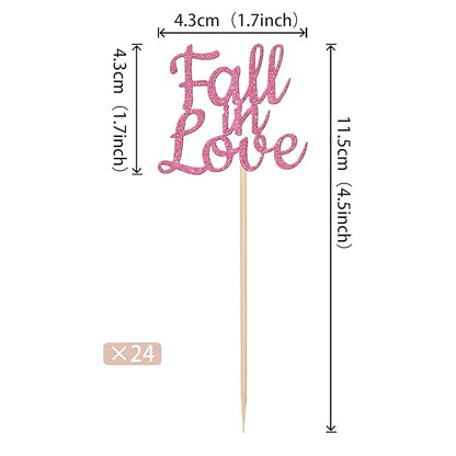 24 PCS Fall in Love Cupcake Toppers Glitter Fall Theme Party Cupcake Picks Bridal Shower Cupcake Decorations for Autumn Wedding Engagement Anniversary Birthday Party Cake Decorations Supplies Pink