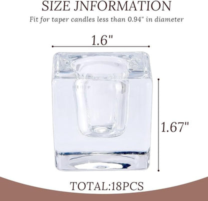 Glass Candlestick Holders Bulk for Taper Candles, Set of 18 Clear Glass Candle Holders for Family Party, Church and Wedding