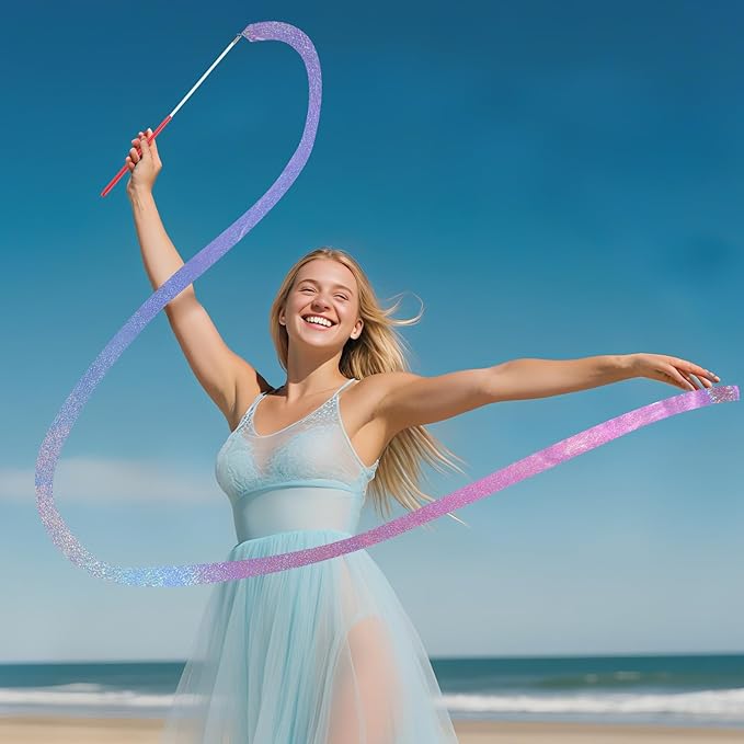 16 Pcs Sparkling Dance Ribbon for Kids Rhythmic Gymnastics Birthday Party Favors Twirling Streamer for Girl Princess Artistic Dancing Outdoor Game Supplies(Gradient Blue Purple)