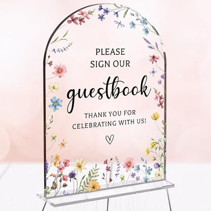Wedding Sign Decor, Photo Guest Book Sign, 5x7 Inch Arch Acrylic, Wedding Sign for Reception & Event, Bridal Shower Decorations, Wedding Table Sign Accessories for Anniversary And Party (Flower)