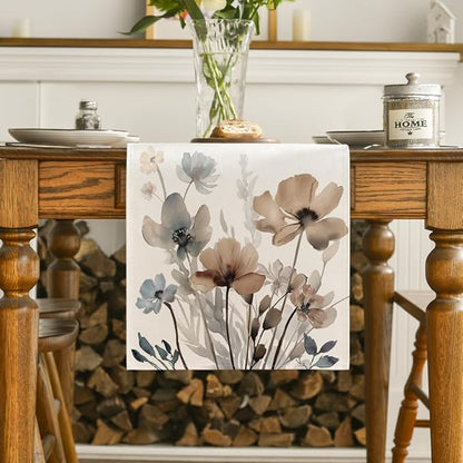 Artoid Mode Brown Poppy Floral Leaves Spring Table Runner, Seasonal Summer Kitchen Dining Table Decoration for Home Party Decor 13x72 Inch