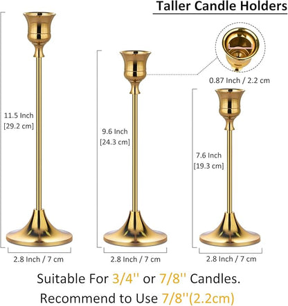 Metal Candle Holders for Candlesticks Taper Candlestick Holders Set Vintage Decorative Centerpiece Candelabra Tall Candle Stands for Halloween Thanksgiving Christmas (Gold, 1 Set (3 pcs))