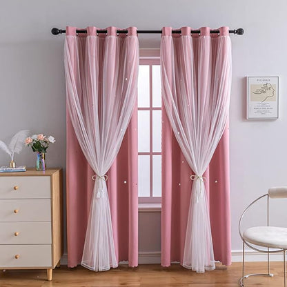 FANLI 2 Panels Star Blackout Curtains for Kid Girls Bedroom Living Room Darking Stripe Double Layer Star Cut Out Wall Home Decor Gradient Grommet Window Curtains (Pink 95L)