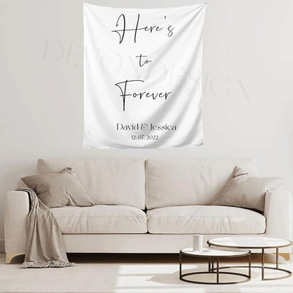 Here's to Forever Rustic Backdrop, Custom Tapestry with Names and Date, Personalized Calligraphy Banner for Ceremony, Reception Backdrop, Wedding Arch
