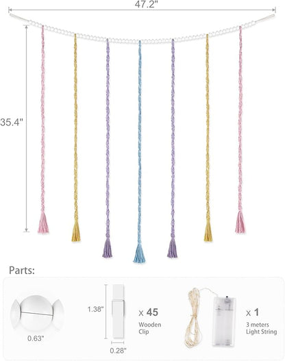 Mkono Macrame Hanging Photo Display Wall Decor with String Lights, Boho Wooden Beads Garland Collage Picture Card Frame Holder with 45 Clips for Bedroom Living Room Dorm, Teen Girls Christmas Gifts