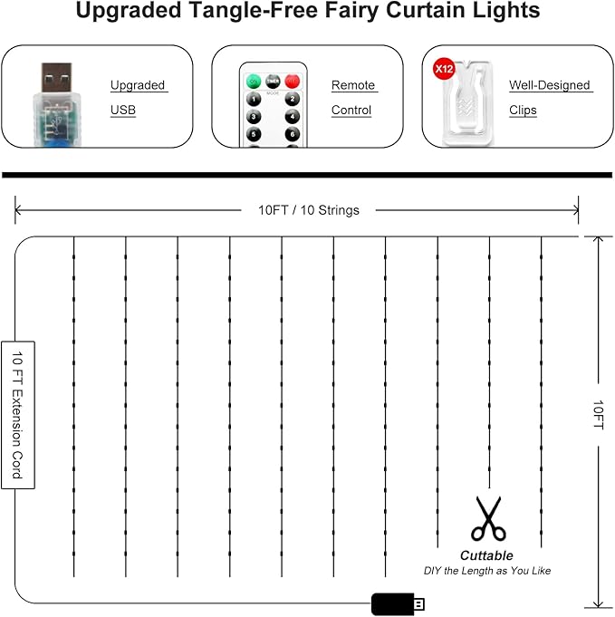 2 Pack Fairy Curtain Lights Upgraded Tangle-Free Warm White USB Plug in 8 Modes String Hanging Lights with Remote for Christmas, Bedroom, Indoor, Outdoor, Weddings, Party (10 FTx10 FT)