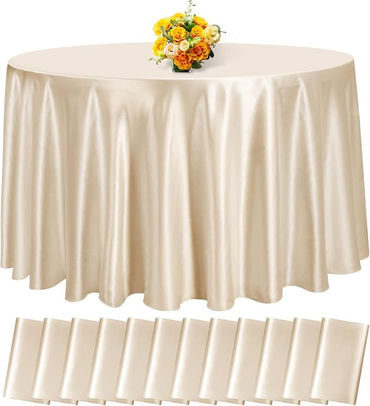 12 Pack 108 Inch Champagne Satin Tablecloth - Premium Bright Silky Round Tablecloth Overlay Smooth Fabric Table Cover, Table Decoration for Wedding Party Banquet Events Restaurant Kitchen Dining
