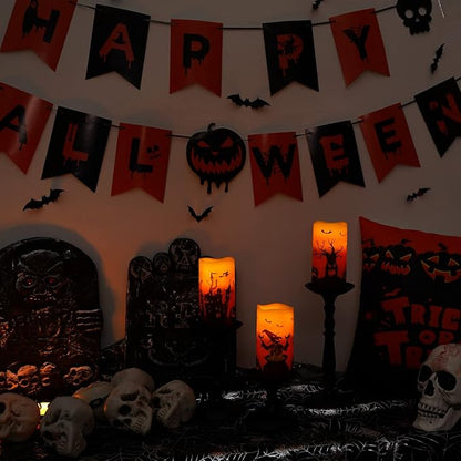 Homemory Halloween Candles, Orange Flameless Candles, Real Wax Flickering Battery Operated LED Pillar Candles with Remote Timers for Halloween Spooky Decoration, Day of The Dead, 3”x6”, Set of 3