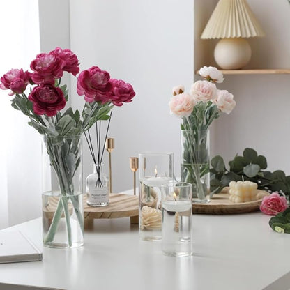Set of 4 Pcs Glass Cylinder Vases for Centerpieces with 6 Pcs White Floating Candles for Centerpieces Glass Candle Holder for Table Shelf Wedding Party Home Decor (S+M+L+XL)