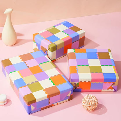 Ulmasinn Color Block Wrapping Paper Roll - 17 Inches x 33 Feet - for Girls Boys Kids, Colorful Square Patterned Gift Wrapping Paper with Scalloped Edges for Birthday Party, Holidays, Weddings
