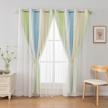 FANLI Ombre Rainbow Blackout Curtains for Kid Girls Bedroom Living Room Darking Stripe Double Layer Star Cut Out Wall Home Decor Gradient Grommet Window Curtains （Blue Green 52Wx63L）