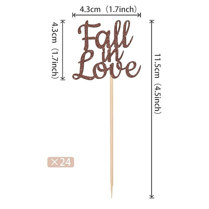 24 PCS Fall in Love Cupcake Toppers Glitter Fall Theme Party Cupcake Picks Bridal Shower Cupcake Decorations for Autumn Wedding Engagement Anniversary Birthday Party Cake Decorations Supplies Brown