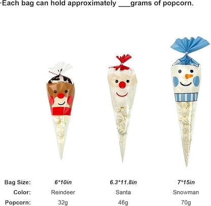 EKAPACKAGING 50Pcs 6x10 Inches Reindeer Print Cone Shaped Treat Bags with Ties, Christmas Clear Cellophane Bags, Party Favor Bags for Popcorn, Cookies, Cotton Candy, Gift, and Pretzel Rod