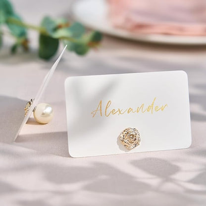 UNIQOOO 12Pcs Decorative Rose Floral Place Card Holders Bulk, Luxury Gold Metal Name Card Stands Set, for Wedding Table Setting, Business Card, Name Tag, Party Food Labels