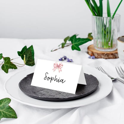 25 Pack Pink Bow Place Cards, Editable Name Cards for Table Setting, Bowknot Tent Cards Food Label for Dinner Party, Wedding, Bridal Shower, Baby Shower and Events -T31