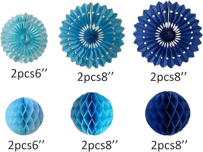 12pcs 6’’ 8’’ Honeycomb Balls Tissue Paper Fans Party Honeycomb Ball Fans Wall Decorations Tissue Pom Poms Flower Balls Hanging Paper Fans for Party Baby Shower Birthday Wedding Nursery(Blue kit)