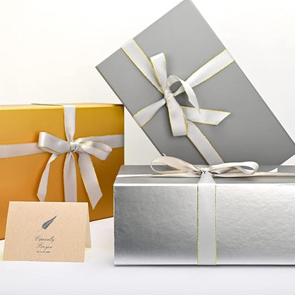 LIFELUM Large Gift Boxes with Lids,2 Pack 13.85 x 8.35 x 4.45 inch Silver Gift Boxes with Ribbon, Card, Shredded Paper Filler Gift Boxes for Presents,Graduation,Christmas,Birthdays