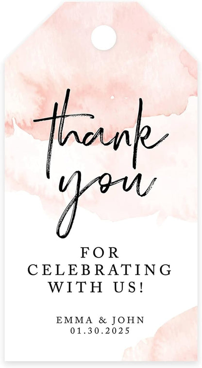 Andaz Press 100-Pack Personalized Thank You for Celebrating with Us Wedding Favor Tags with Bakers Twine Coral Brushed Watercolor Custom Cardstock Wedding Gift Tags for Party Favors 2 x 3.75-Inches