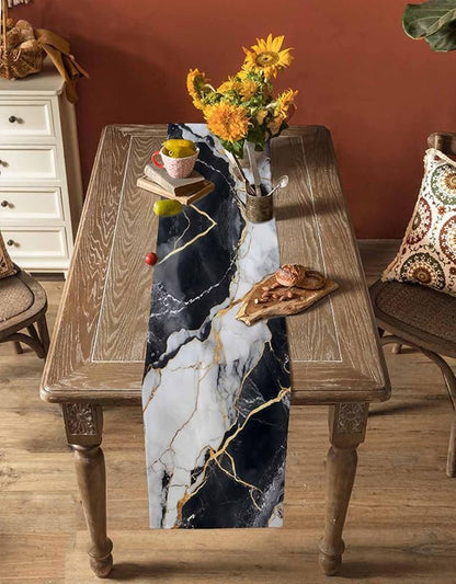 Black White Marble Cotton Linen Table Runner for Dining Kitchen, Wedding Outdoor Party Tablerunners Decoration, Nature Marble Crack Modern Art Dresser Scarf Coffee Tablecloth Runners 13x120 Inches