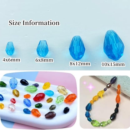 130pcs 6x8mm Teardrop Crystal Glass Beads Vertical Hole Faceted Glass Teardrop Spacer Beads for Bracelets Necklace Earring DIY Jewelry Making Craft(Lake Blue)