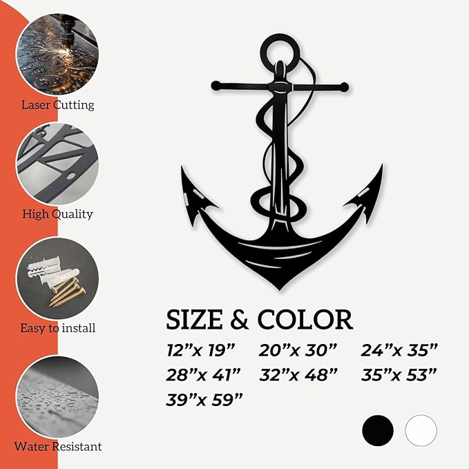 XXQ Anchor Metal Wall Decor, Anchor Metal Wall Art for Bedroom Living Room Dorm Antique Anchor Wall Decor Antique Metal Anchor Farmhouse Decor (Whhite, 24" x 35" / 60 x 90cm)