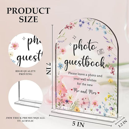 Wedding Sign Decor, Photo Guest Book Sign, Arch Acrylic Wedding Sign for Reception & Event, Bridal Shower Decorations, Wedding Table Sign Accessories for Anniversary And Event 5x7 Inch (Flower)