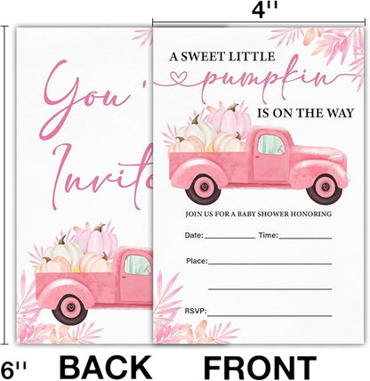 Pumpkin Baby Shower Party Invitations, Fall Pink Pumpkins Truck Baby Shower Party Fill in Invites Cards With Envelopes (20 Count), Double Sided Design
