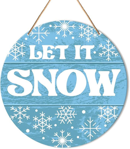Muktoujaumai Winter Sign Front Door Decor, Christmas Round Hanging Sign Decor Snowflake Xmas Holiday Wall Decorations Winter Wood Sign for Door, Porch, Home, Let It Snow