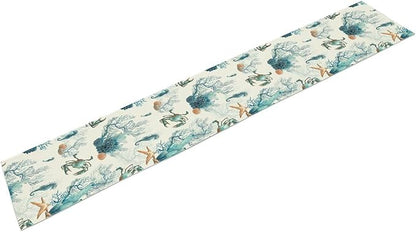 Nautical Coast Table Flag, Ocean Beach Seahorse Shell, Vintage Sailboat Lighthouse Anchor Table Decoration for Indoor and Outdoor Home Party Decor 13x36 Inch