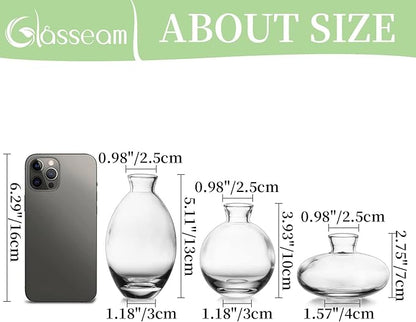 Glasseam Clear Glass Bud Vase, 3Pcs/Set Modern Decorative Small Mini Flowers Vases Short Minimalist Aesthetic Home Decor Vintage Cute Handmade Tiny Wedding Table Centerpieces for Single Flower Rose
