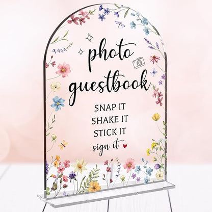 Wedding Sign Decor, Photo Guest Book Sign, 5x7 Inch Arch Acrylic, Wedding Sign for Reception & Event Party, Bridal Shower Decorations, Wedding Table Sign Accessories for Anniversary And Event(Flower)