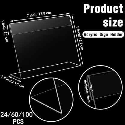 Vicenpal 200 Pcs 7x5 Inch Clear Acrylic Sign Holder Plastic L-shape Vertical Menu Stand, Picture Photo Frames, Table Paper Holder, Flyer Sign Display Stand for Restaurants, Store, Office, Wedding