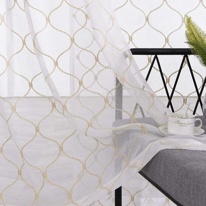 MYSTIC-HOME Embroidery Gold Sheer Curtains 84 Inches Long, Rod Pocket Sheer Drapes for Living Room, Bedroom, 2 Panels, 52"x84", Semi Crinkle Voile Window Treatments for Yard, Patio, Villa, Parlor.