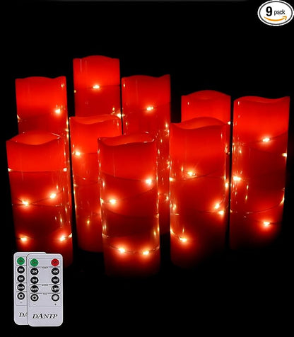 danip red flameless Candle, Built-in Star Cluster, 9 LED Candles, 11 Button Remote Control, 24-Hour Cycle Timer, Flashing Flame, Real Wax, Battery Powered. (Starry Sky Series)