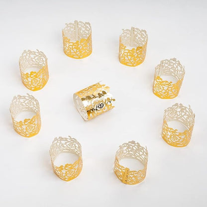 100pcs Disposable Rose Flower Paper Napkin Rings Laser Cut Foil Paper Napkin Holder, Leaf Vine Serviette Rings for Table Decoration,Christmas,Wedding,Party (Gold) (Pack of 2)