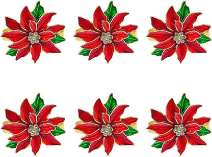 Poinsettia Napkin Rings Set of 6, Xmas Party Red Flower Napkin Holder Buckles, Thanksgiving Christmas Napkin Rings (Dark Red, One Size)