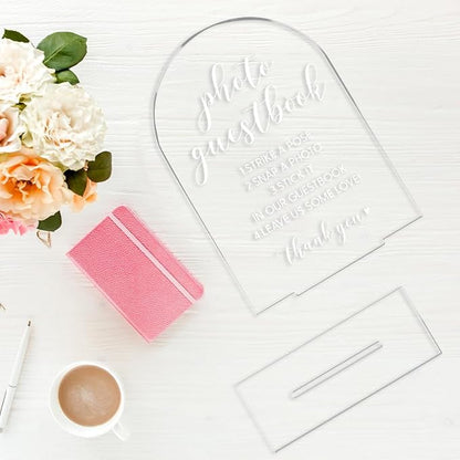 Wedding Sign，Please Sign Our Guestbook Sign，Wedding Sign for Ceremony and Reception, Arch Acrylic Wedding Signs, Wedding Decorative Signage For Table Decor 5 x 7 Inch (White)