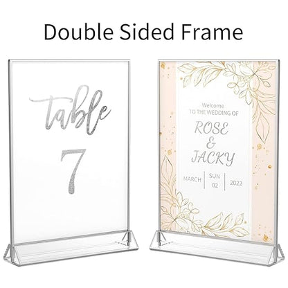 NIUBEE 6Pack 5x7 Clear Acrylic Sign Holder with Sliver Borders and Vertical Stand, Double Sided Table Menu Holders Picture Frames for Wedding Table Numbers, Restaurant Signs, Photos and Art Display
