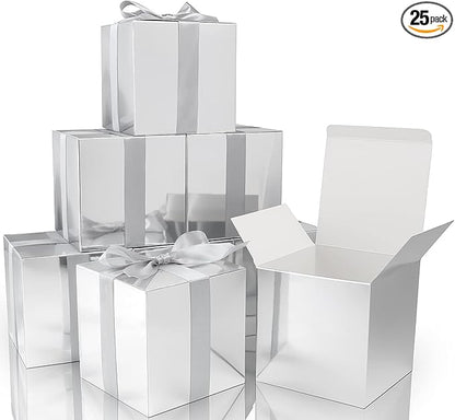 COTOPHER Small Gift Boxes 25 Pack 6x6x6 inches Silver Gift Boxes with Lids for Gifts, Crafting, Wedding Party Favor, Cupcake Boxes, Candy, Bridesmaids Proposal Box with Ribbons and Stickers