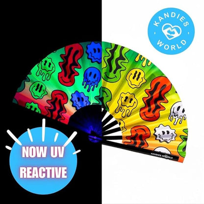 Kandies World UV Reactive Custom Festival Folding Hand Fan - Unique Designs, Made of Bamboo, Clacking Sound, Lightweight - Perfect Rave and Festival Accessory!