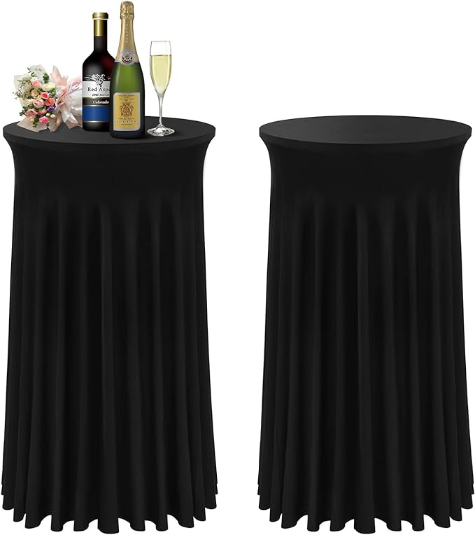 Cocktail Table Covers - 2 Pack 24"x 43" Black Cocktail Table Tablecloth with Natural Wavy Round Skirt for Bar Wedding Party Banquet