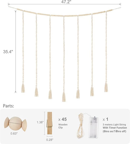 Mkono Macrame Hanging Photo Display Wall Decor with String Lights, Boho Wooden Beads Garland Collage Picture Card Frame Holder with 45 Clips for Bedroom Living Room Dorm, Teen Girls Christmas Gifts