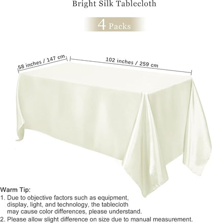 TURSTIN 4 Packs Satin Tablecloth 102 x 58 Inch Overlay Satin Table Cover Rectangle Bright Silk Tablecloth Smooth Fabric Table Decoration for Wedding Banquet Party Events, Ivory