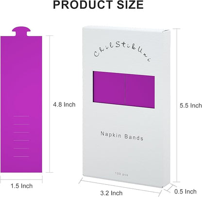 Polymer Material Reusable Napkin Band, Glue-Free Tear-Proof Water Resistant Oil-Proof Napkin Bands Set of 100(Front Purple Color and Back White), 6 Adjustable Sizes Napkin Rings