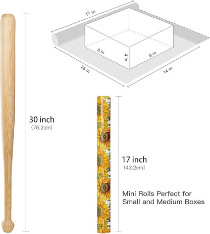 RUSPEPA Sunflower Wrapping Paper Roll for Women Girls, Mini Roll, Bright Yellow Sunflower Floral Design with Green Leaves, Cheerful Gift Wrap for Birthday, Wedding, Mother's Day, 17 Inches x 16.4 Feet
