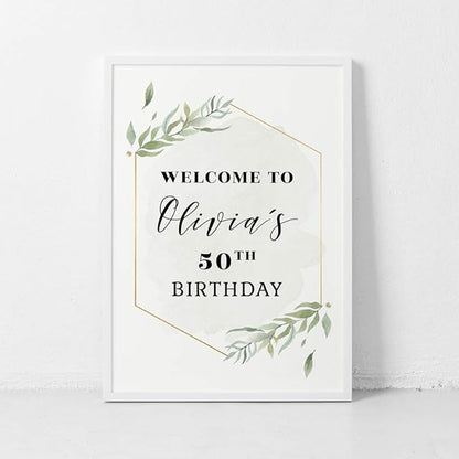 Andaz Press Personalized Extra Large Birthday Easel Board Party Sign, 12x18-inch, Modern Black, Gold with Green Leaves Florals, Welcome to Olivia's 50th Birthday, 1-Pack, Custom Name Age
