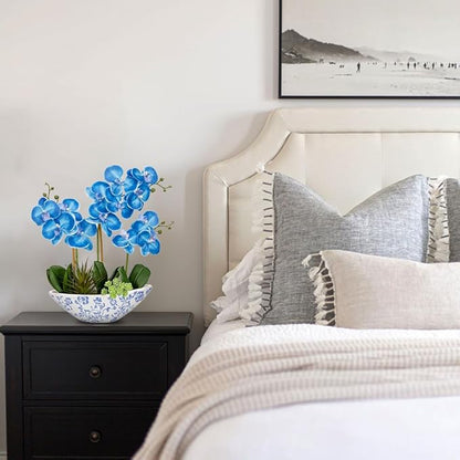 Briful Blue Orchid Fake Flowers 17in Artificial Orchid Silk Flowers in Blue and White Vase Faux Orchid Arrangement for Home Office Bathroom Table Shelf Modern Decoration
